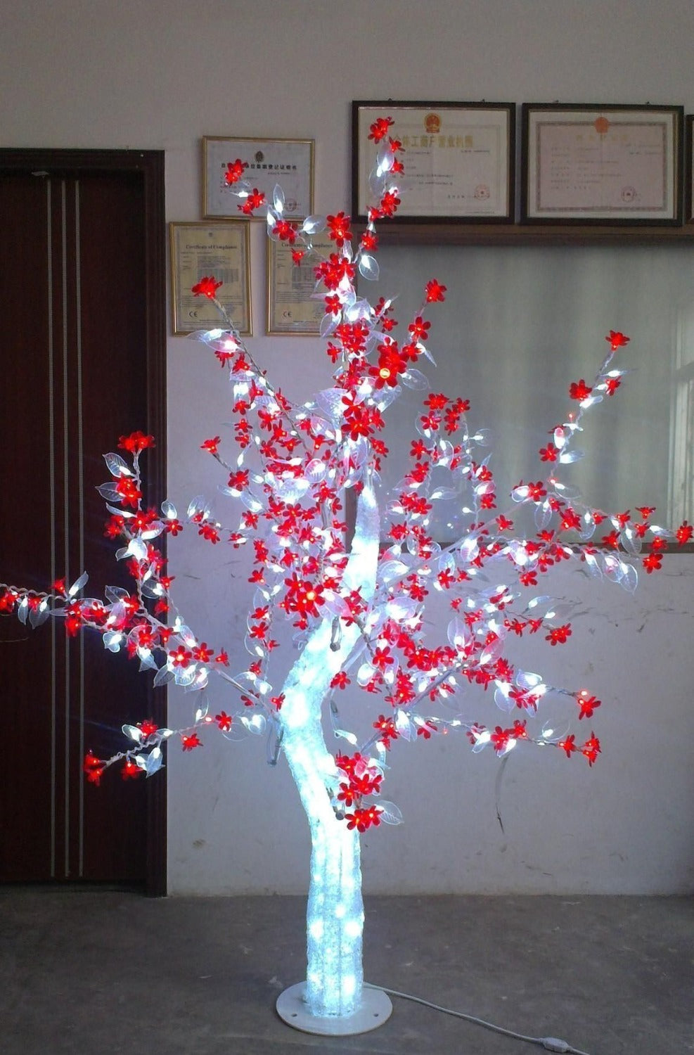 Free ship 5ft 1.5M LED Christmas New year party holiday LED Light Crystal Cherry Blossom Tree red flowers +white leaf home decor