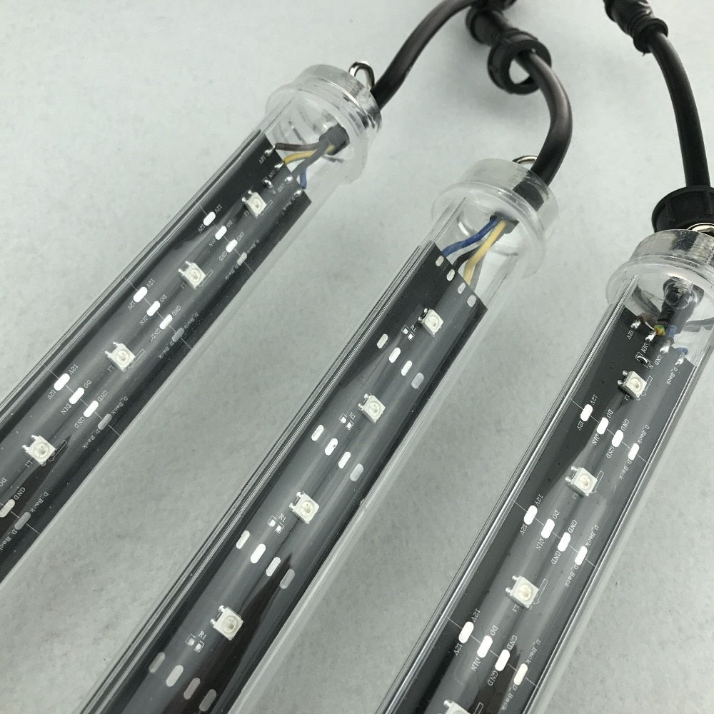 30mm DC12V addressable 2M long 3D SK6812 RGB meteor tube light;128pcs SK6812 LEDs/64pixels;with 4 core 13.5mm male connector