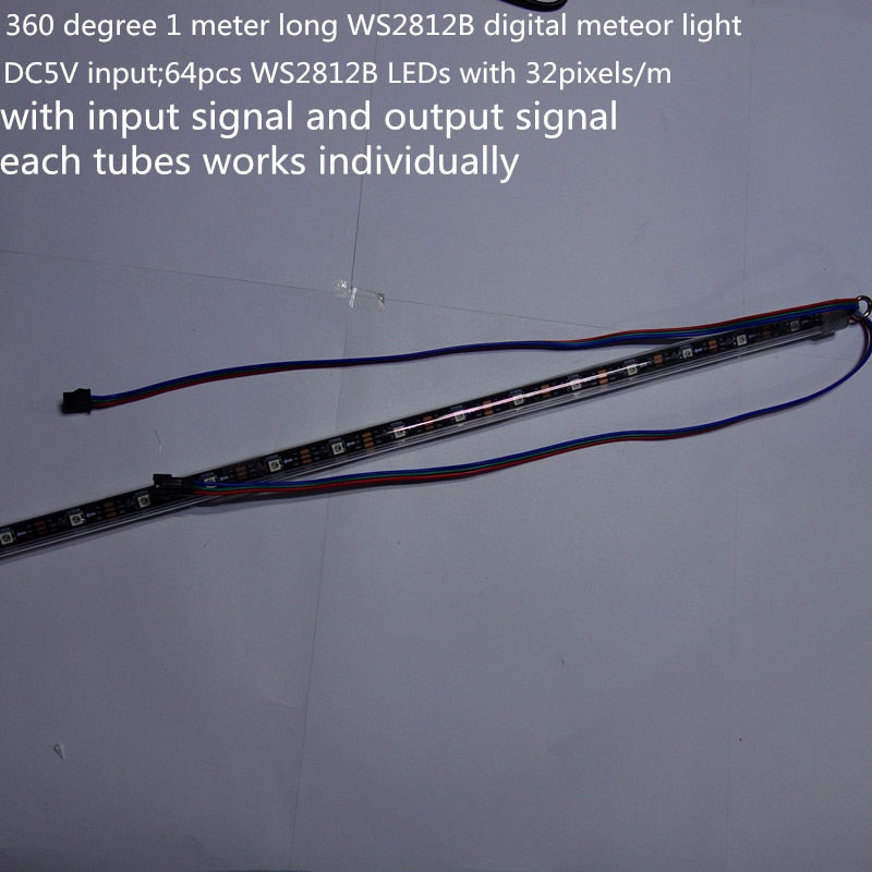 1M long 3D WS2812B digital meteor light;pixel tube;360 degree lighting;DC5V input;64pcs WS2812B LEDs with 32pixels/m